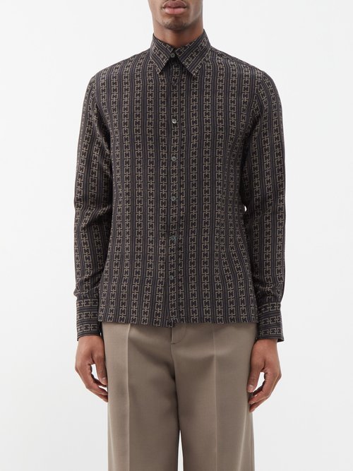 73 London - Chain-print Silk Shirt - Mens - Black Multi