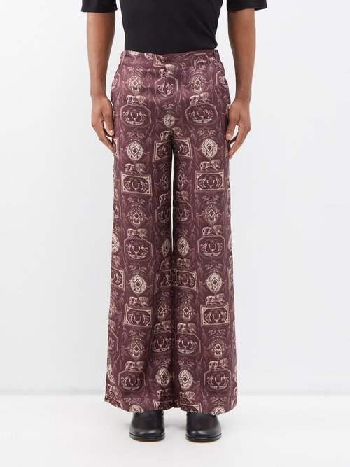 73 London - Lion-print Silk-twill Wide-leg Trousers - Mens - Red Multi