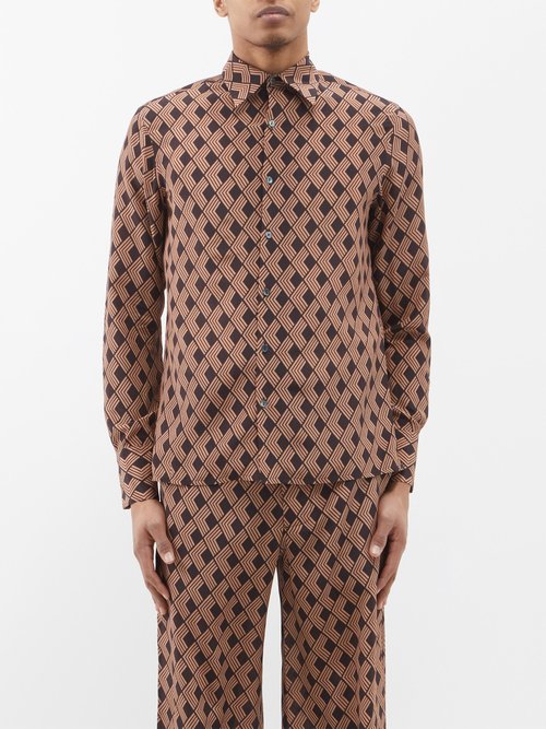 73 London - Geometric-print Silk-twill Shirt - Mens - Brown Multi