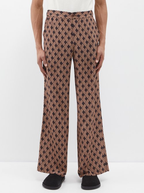 73 London - Geometric-print Silk-twill Trousers - Mens - Brown Multi