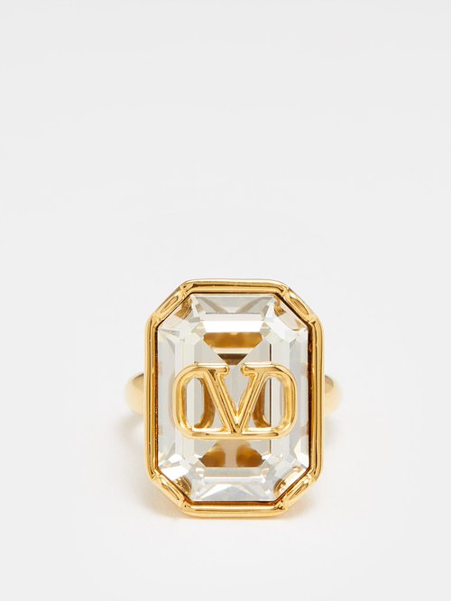 V Logo Embellished Ring in Gold - Valentino