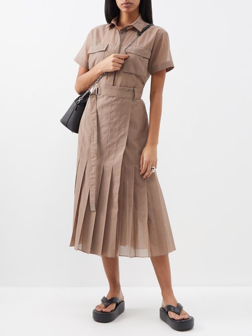 Sacai - Striped Pleated-skirt Cotton-blend Shirt Dress - Womens - Beige