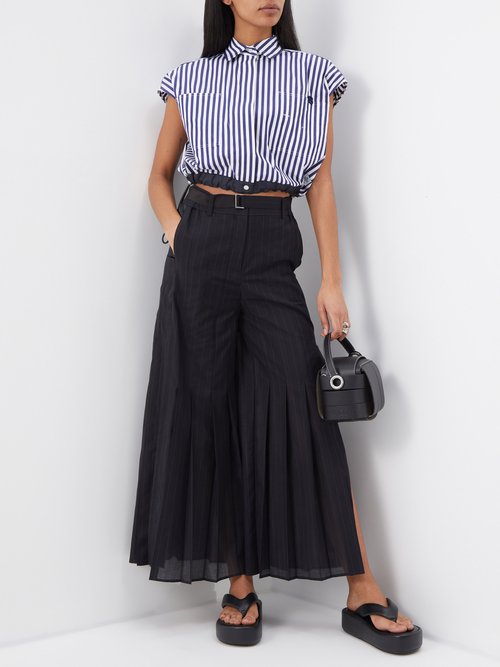 Sacai - Side-slit Striped Cotton-blend Trousers - Womens - Navy Stripe