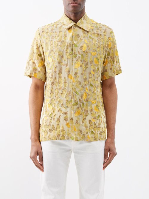 séfr - noam floral-embroidery shirt mens yellow multi