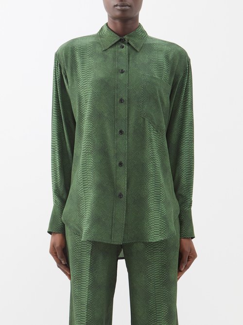 Victoria Beckham - Snakeskin-print Silk Shirt - Womens - Green