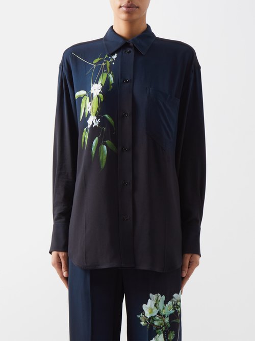 Victoria Beckham - Floral-print Silk-crepe Shirt - Womens - Navy Black