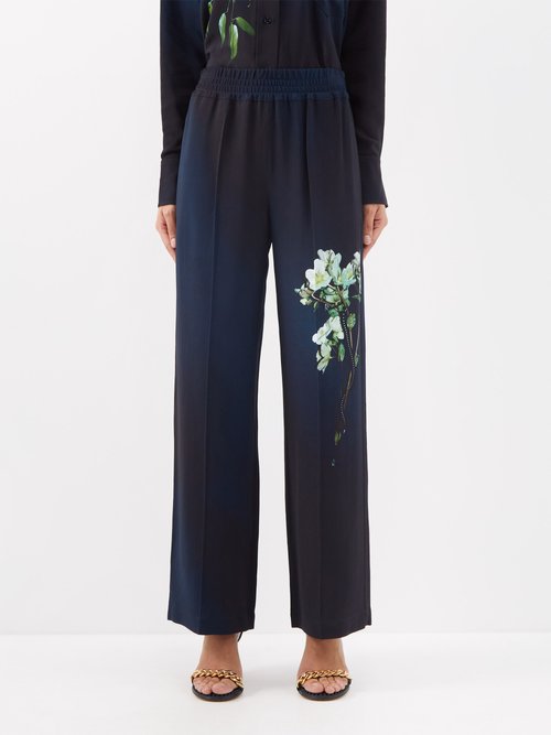 Victoria Beckham - Floral-print Crepe Straight-leg Trousers - Womens - Navy Black