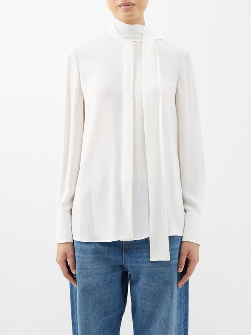 Valentino - Scarf-neck Silk Crepe De Chine Shirt - Womens - Ivory