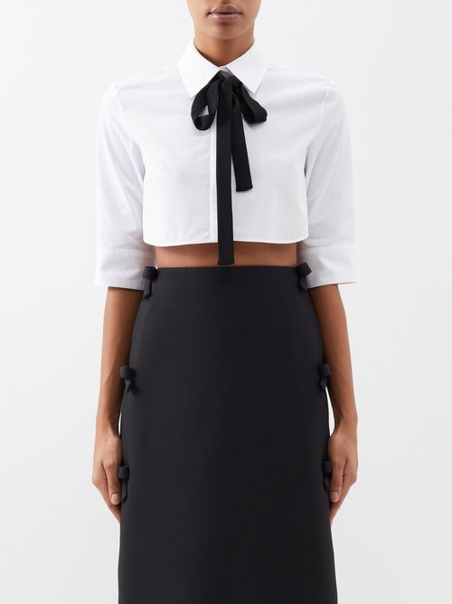 Valentino - Bow Tie Cotton-poplin Cropped Shirt - Womens - White Black