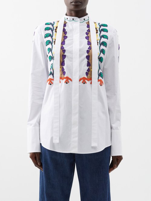 Valentino - Scarf-neck Paisley-embroidered Cotton-poplin Shirt - Womens - White Multi