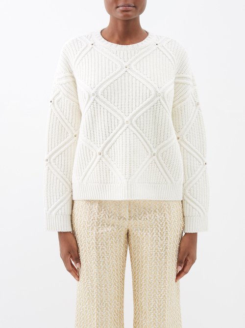 Valentino Rockstud-embellished Rib-knit Wool Sweater In Cream Gold