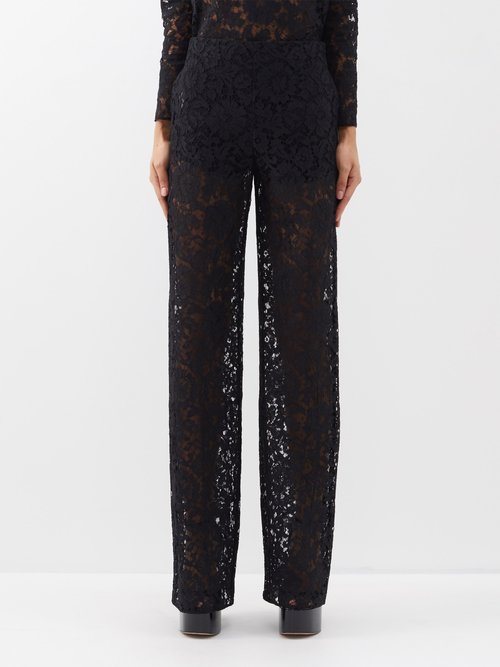 Valentino - Floral-embroidered Lace Wide-leg Trousers - Womens - Black