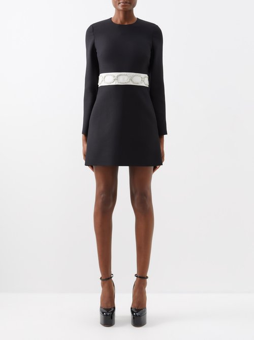Valentino - Crepe Couture Belt-embroidered Wool-blend Dress - Womens - Black White