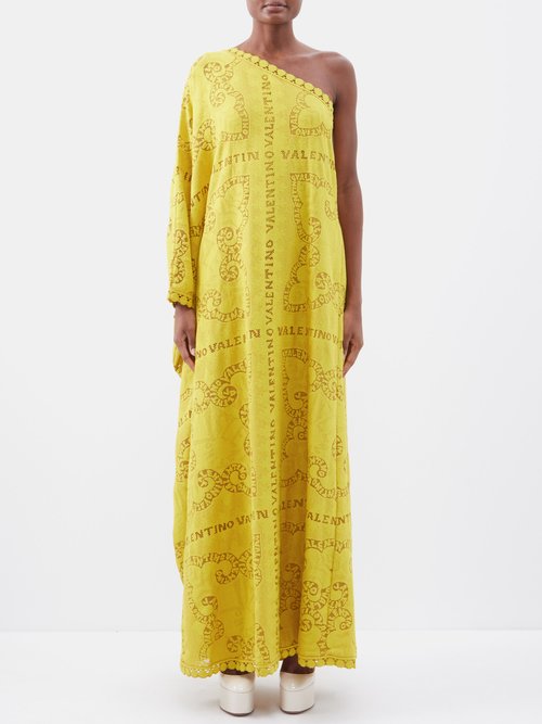 Valentino One-shoulder Logo-lace Cotton-blend Maxi Dress In Yellow
