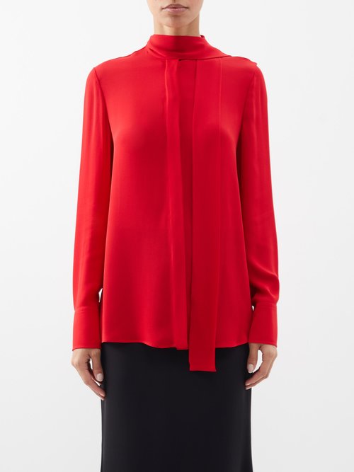 Valentino - Scarf-neck Silk Crepe De Chine Shirt - Womens - Red