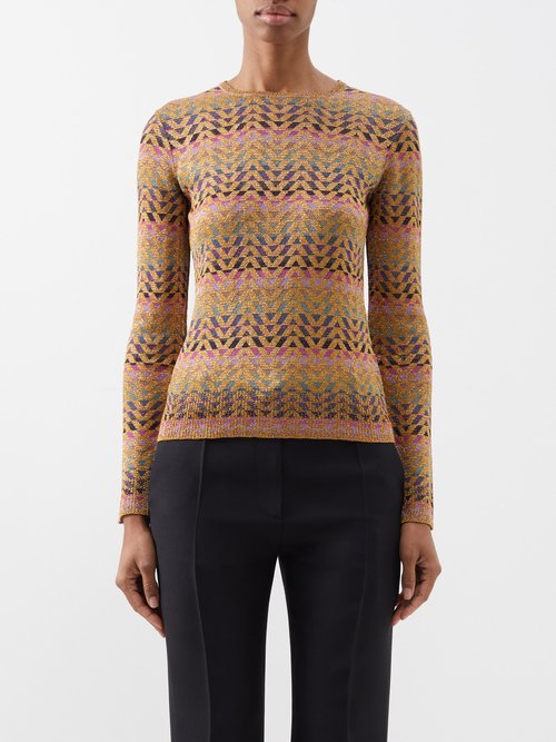 Valentino - Optical Valentino-jacquard Lurex Sweater - Womens - Gold Multi