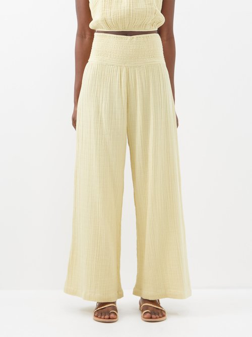 Anaak - Maya Shirred Cotton Wide-leg Trousers - Womens - Yellow