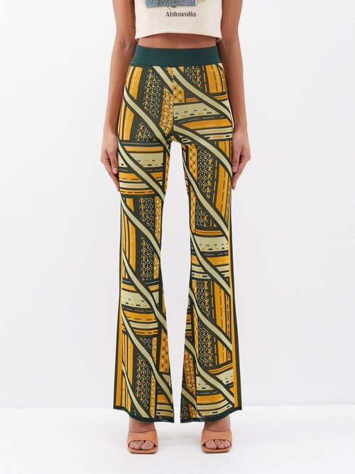 Ahluwalia - Ayo Geometric-jacquard Flared Trousers - Womens - Green Yellow