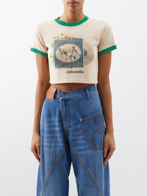 Ahluwalia - Power-print Cotton-blend Cropped T-shirt - Womens - Beige