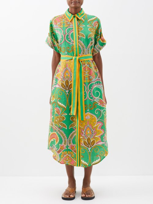 Ale mais - Marion Paisley-print Linen Shirt Dress - Womens - Green Multi