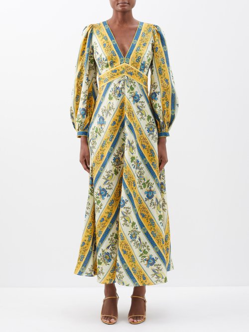 Ale mais - Quinn Floral-print Linen Dress - Womens - Blue Multi