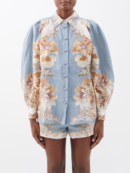 Ale mais - Blythe Floral-print Linen Shirt - Womens - Blue Multi