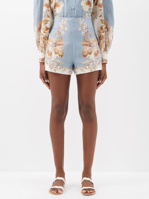 Ale mais - Blythe Floral-print Linen Shorts - Womens - Blue Multi