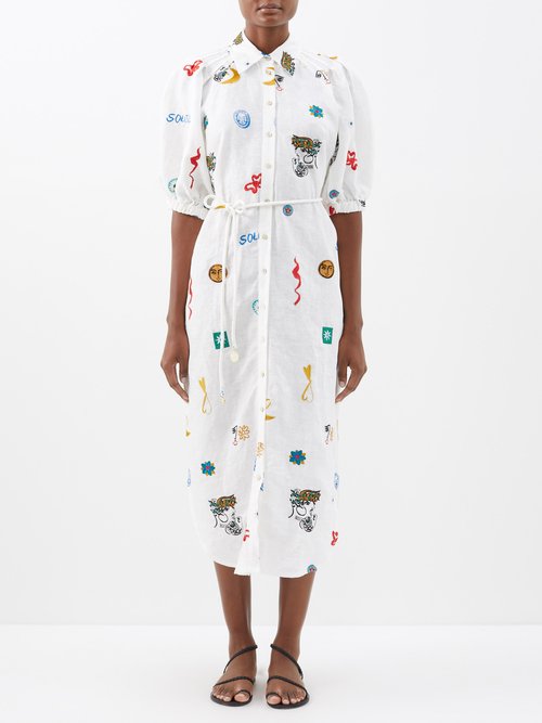 Ale mais - Soleil Embroidered Linen Shirt Dress - Womens - Ivory Multi