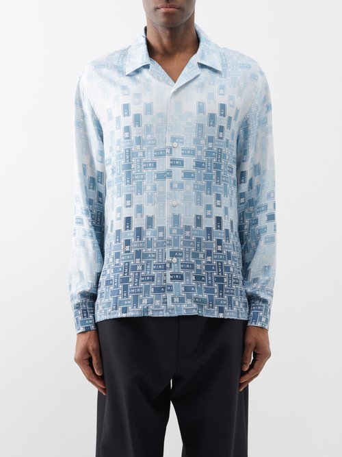 Amiri - Gradient Logo-print Silk-satin Shirt - Mens - Blue White