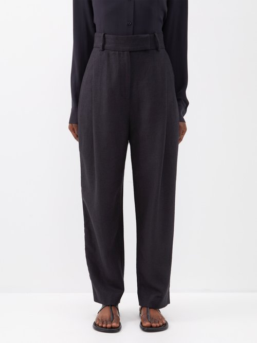 Toteme - Pleated Slubbed-linen Trousers - Womens - Charcoal