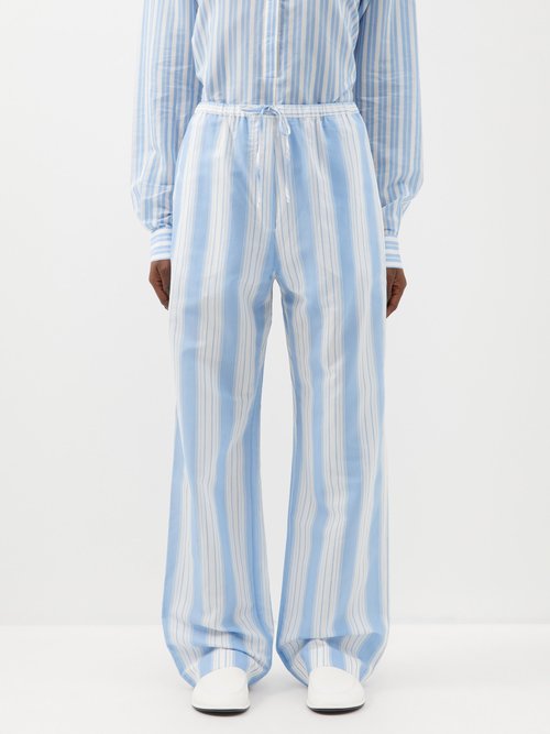 Toteme - Drawstring-waist Striped Cotton-blend Trousers - Womens - Blue White