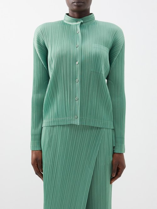 Issey Miyake Stand-collar Technical-pleated Shirt In Green