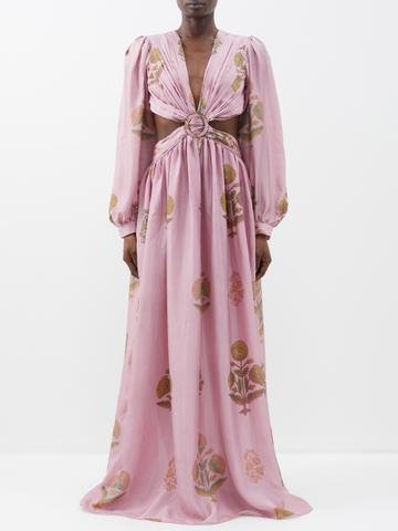 Hannah Artwear - Rio Cutout Printed Silk-habotai Maxi Dress - Womens - Light Pink Multi