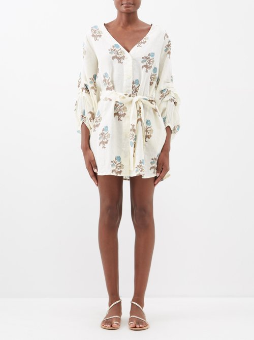 Hannah Artwear Rhea Floral-print Linen Mini Dress In Ivory Multi
