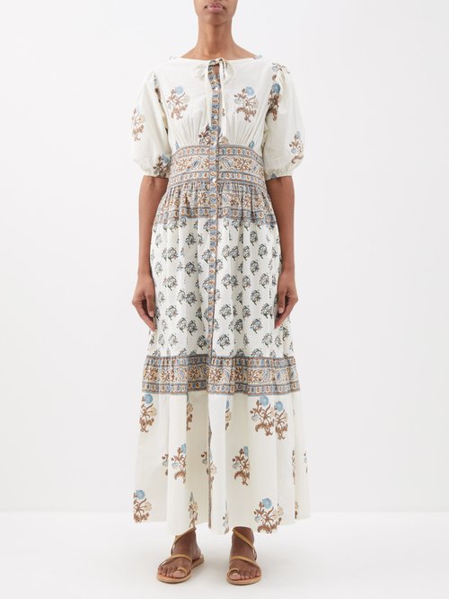 Hannah Artwear Camilla Floral-print Cotton-poplin Midi Dress In Ivory Multi
