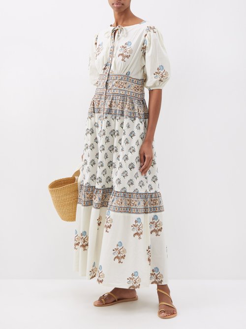 Hannah Artwear Camilla Floral-print Cotton-poplin Midi Dress In Ivory Multi