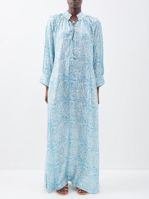 Hannah Artwear - Mitchell Hand-block Print Silk Kaftan Dress - Womens - Blue Print