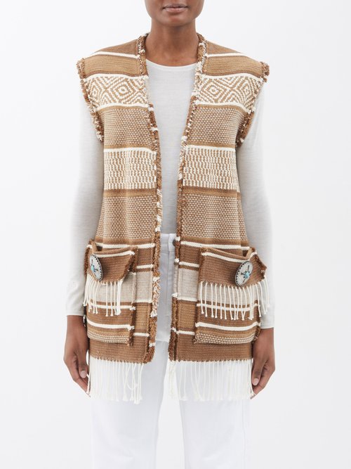 Fortela Diana Fringed Cotton And Wool-blend Jacquard Vest In Brown Multi