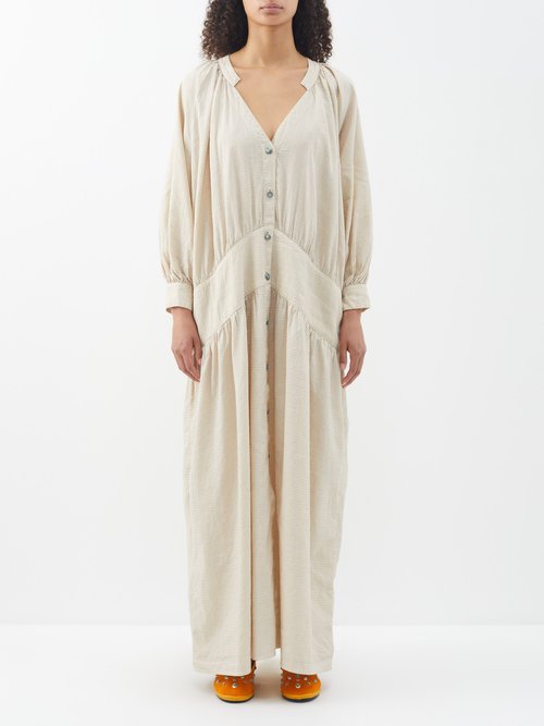 Fortela Violet Button-front Linen-blend Maxi Dress In Off White