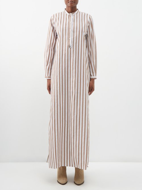 Fortela Valery Striped Embellished Cotton-voile Maxi Dress In Brown White