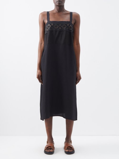 Maison Margiela - Embroidered-tulle Insert Crepe Midi Dress - Womens - Black