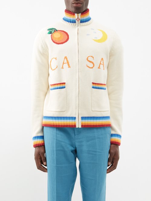 Casablanca - Logo-jacquard Zipped Cotton Sweater - Mens - Off White