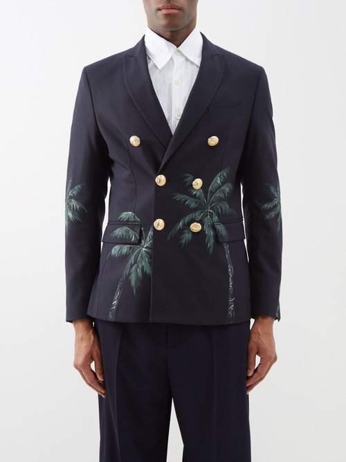 Palm Angels - Double-breasted Palm-print Blazer - Mens - Blue Navy