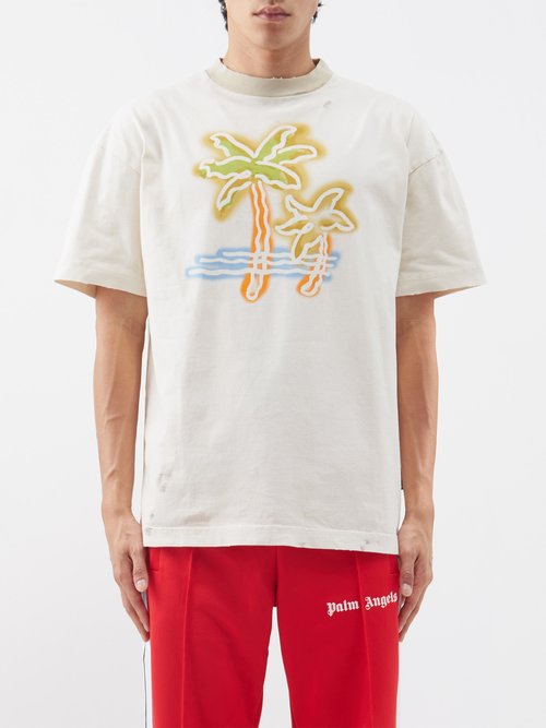 Palm Angels Palm Tree-print Jersey T-shirt In Neutrals