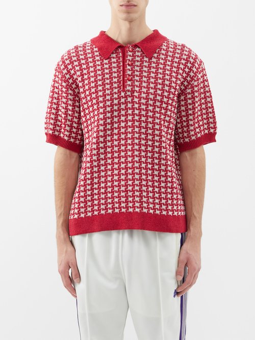 Needles Houndstooth-intarsia Paper-blend Polo Shirt In Red | ModeSens