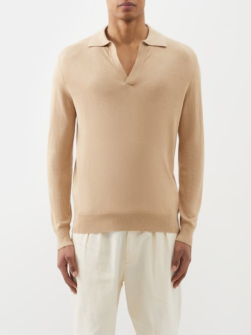 Arch4 Mr Oxford Open-collar Silk-blend Polo Shirt In Beige