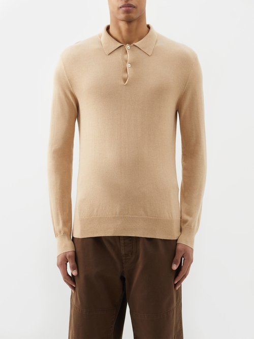 Arch4 St Davids Silk-blend Long-sleeved Polo Shirt In Beige