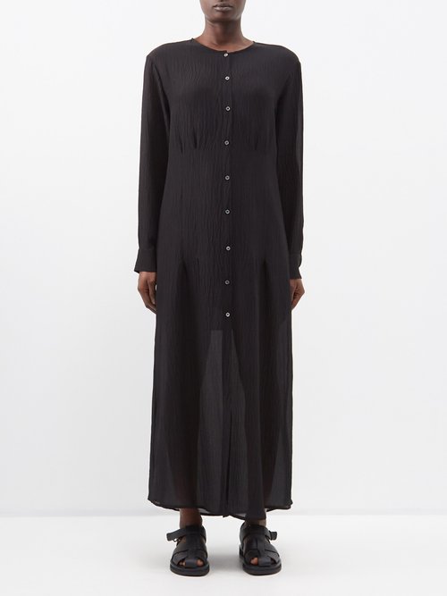 Le Kasha Pinus Buttoned Organic-silk Seersucker Midi Dress