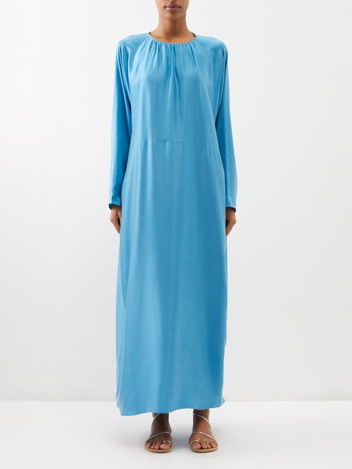 Asceno - Rhodes Long-sleeved Silk Maxi Dress - Womens - Light Blue