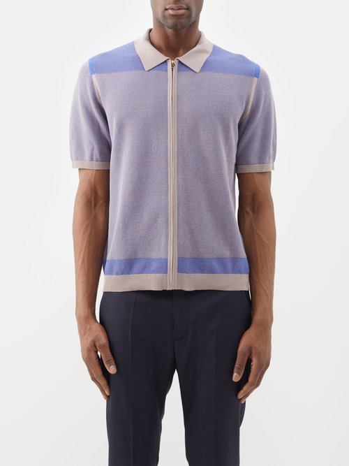 Paul Smith - Knitted Organic-cotton Zipped Polo Shirt - Mens - Blue Multi